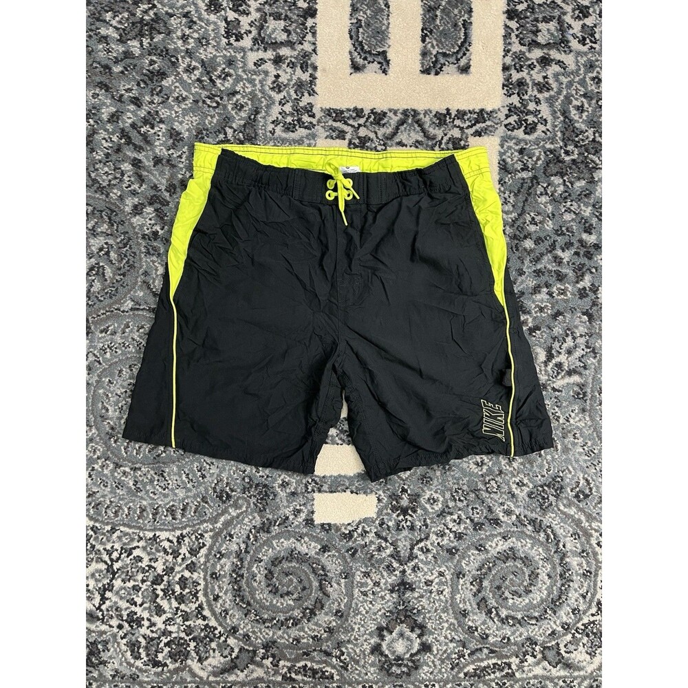 Nike Men's Vintage Swim Trunks Black Neon Green Mesh Jock Lining Pockets Sz Med